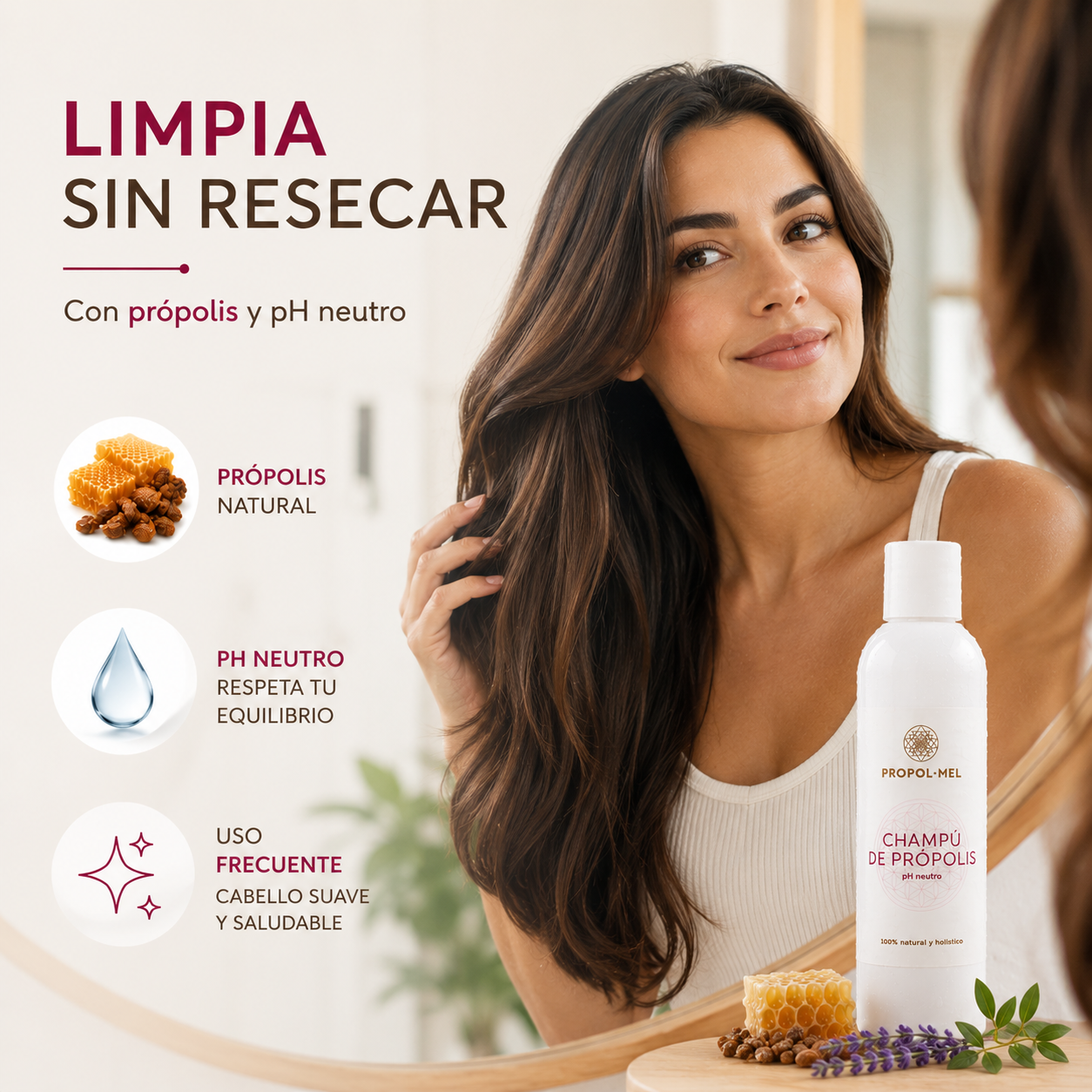 Mujer con cabello sano tras utilizar el champú de própolis natural Propol·Mel