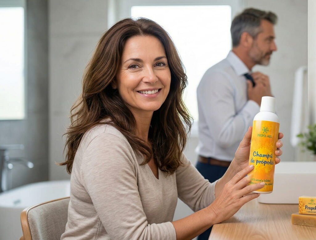 Mujer con Champu con propolis Propol-Mel