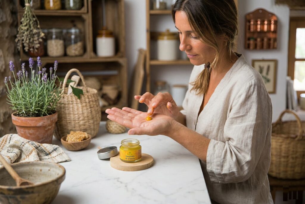 Mujer aplicando Unguento de própolis Propol-Mel en manos