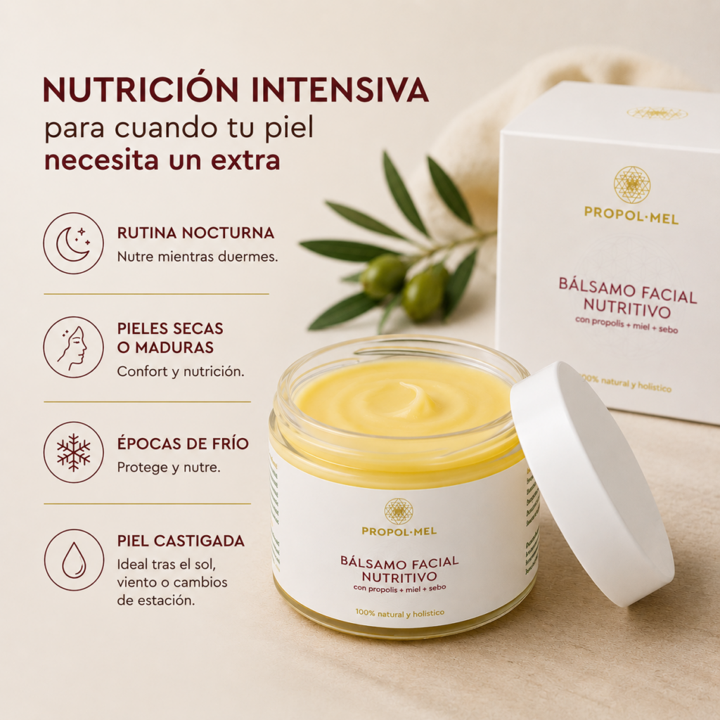 Bálsamo Facial Nutritivo Propol·Mel para rutina de noche y piel seca, madura o castigada.